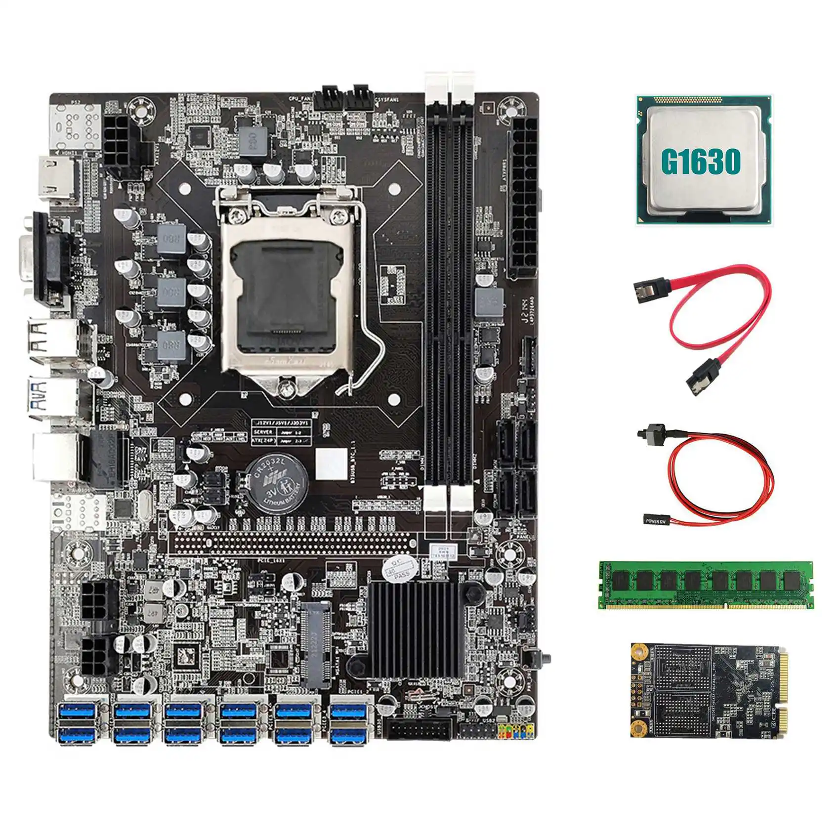 B75 BTC Mining Motherboard 12 PCIE to USB+G1630 CPU+DDR3 4GB 1600Mhz RAM+128G SSD+Switch Cable+SATA Cable Motherboard
B75 BTC Mining Motherboard 12 PCIE to USB+G1630 CPU+DDR3 4GB 1600Mhz RAM+128G SSD+Switch Cable+SATA Cable Motherboard