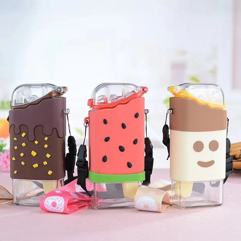 

Мультяшный милый пончик, бутылка для воды для мороженого, Радужный креативный квадратный портативный герметичный детский чайник с соломинкой