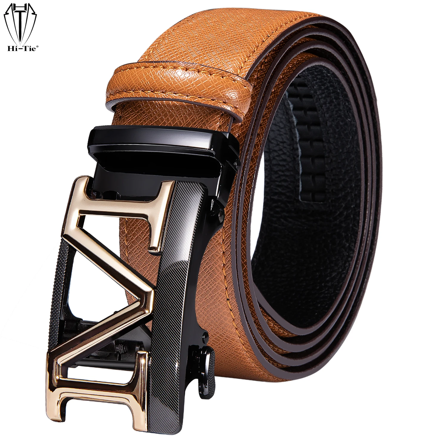 

Hi-Tie Orange Navy Blue Tan Brown Black White Burgundy Leather Mens Belts Automatic Buckle Ratchet Dress Jeans Waistband for Men