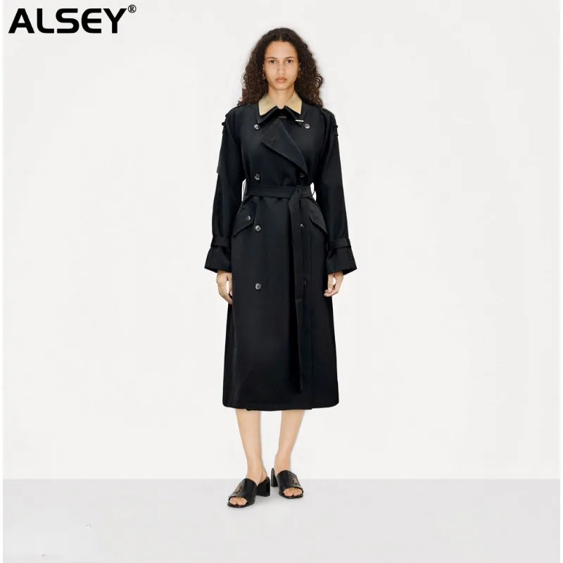 

Роскошная женская ветровка ALSEY с отложным воротником и поясом, Модная элегантная двубортная Повседневная Уличная одежда цвета хаки, куртки для женщин A02460