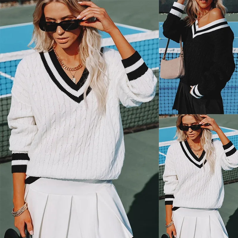 2022 women's new women's V-neck black and white contrast color loose casual pullover British style sweater
2022 women's new women's V-neck black and white contrast color loose casual pullover British style sweater