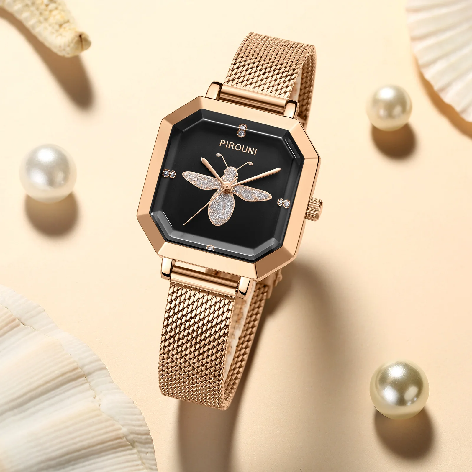 

Модные женские кварцевые часы с браслетом и сверкающим фианитом и бриллиантом, набор из нержавеющей стали с циферблатом в виде пчелы, с твердым ремешком из проволочной сетки, женские наручные часы