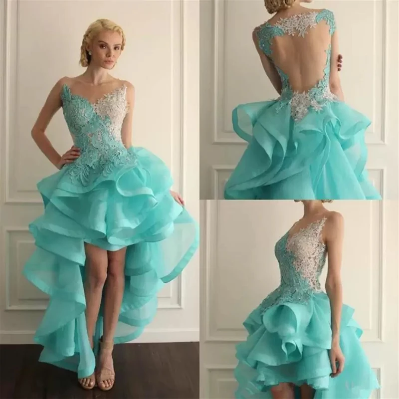 

Jewel Sheer Neckline High Low Short Homecoming Dresses Turquoise Prom Gowns With Lace Applique Backless Ruffles Cocktail Gowns
