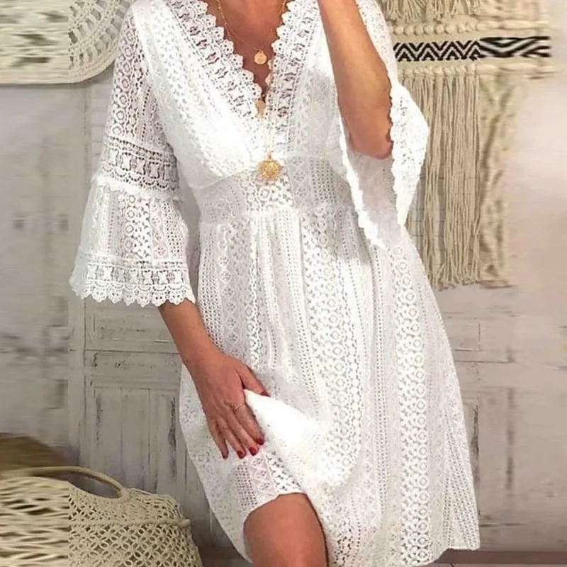 Casual Solid Collar 3/4 Flare Sleeve Short Dresses Chic Female V-neck Waisted A-line Dress Elegant Women Lace Hollow Part Dress
Casual Solid Collar 3/4 Flare Sleeve Short Dresses Chic Female V-neck Waisted A-line Dress Elegant Women Lace Hollow Part Dress
