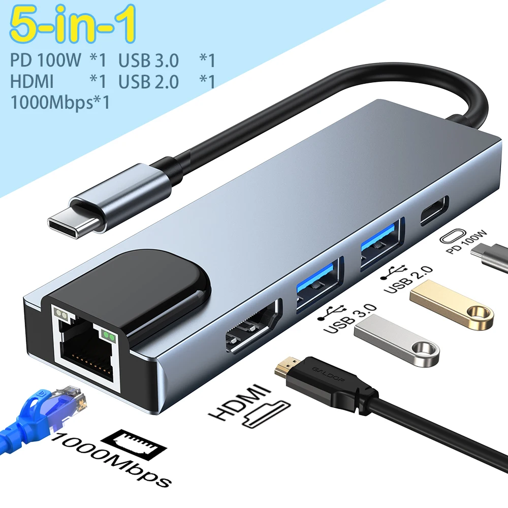 5 in-1 USB C Hub Type C to HDMI 4K PD 100W Adapter Docking Station for Mac USB 2.0 3.0 Hub Laptop Tablet Accessor Cable 1000Mbps
5 in-1 USB C Hub Type C to HDMI 4K PD 100W Adapter Docking Station for Mac USB 2.0 3.0 Hub Laptop Tablet Accessor Cable 1000Mbps