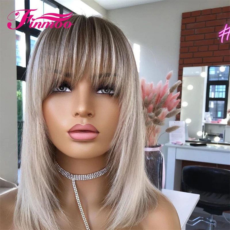 

Ombre Ash Blonde Bang Wig Straight Human Hair Lace Front Wig 613 Blonde Brown Root Remy Wigs For Women PrePlucked Hairline