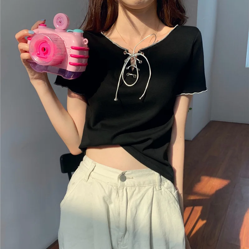 Harajuku Fashion Lace Up Crop Tops Summer Women Y2k V-Neck Short Sleeve T-Shirts Korean Solid Colors Slim Drawstring Short Tops
Harajuku Fashion Lace Up Crop Tops Summer Women Y2k V-Neck Short Sleeve T-Shirts Korean Solid Colors Slim Drawstring Short Tops