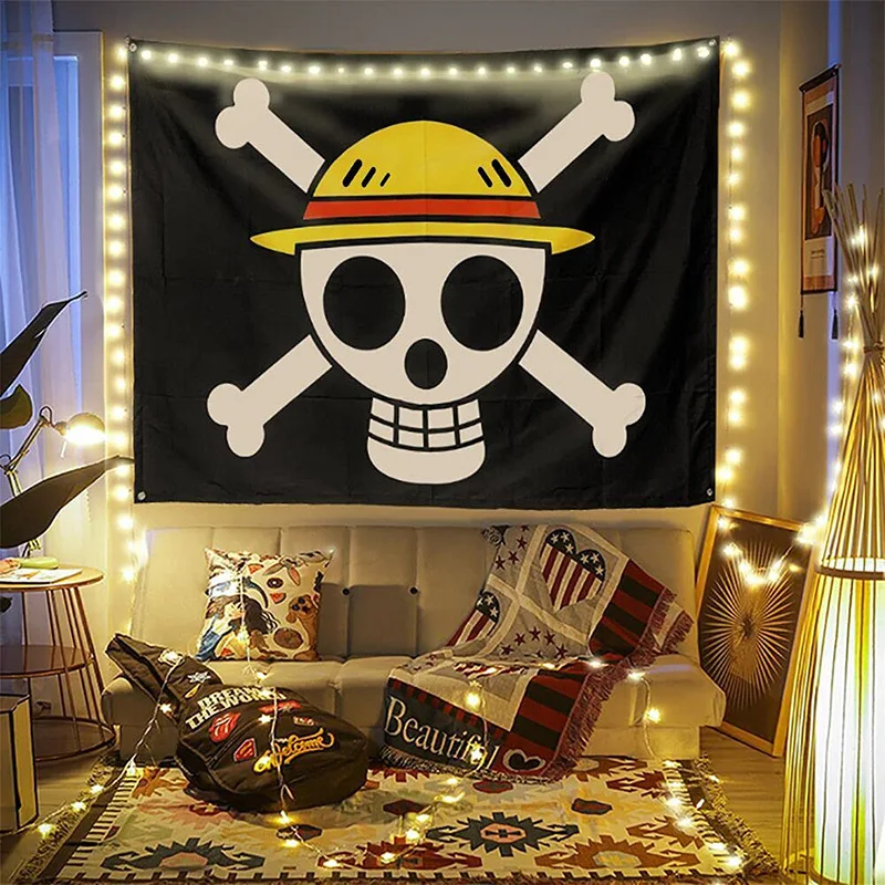 

Anime 90*150CM One Piece Pirate Monkey D. Luffy Skull Flag Banners Straw Hat Pirates Trumpet Banner Flag Party Backdrop Supplies