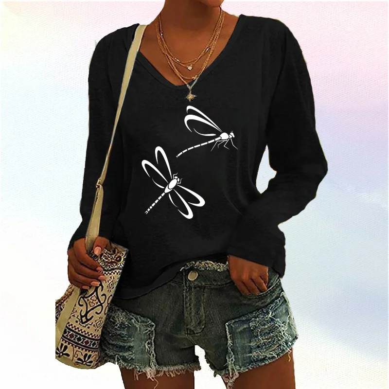 Women Fashion dragonfly Printed Top Spring/autumn V Neck Hoodies Pullover Loose Long Sleeve T-Shirt Ladies Casual Tops
Women Fashion dragonfly Printed Top Spring/autumn V Neck Hoodies Pullover Loose Long Sleeve T-Shirt Ladies Casual Tops