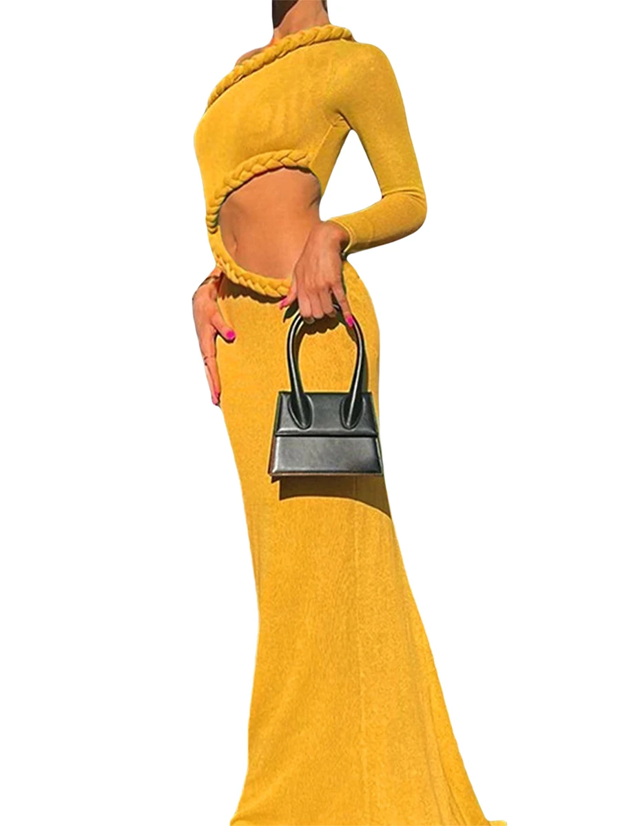 Women Sexy One Shoulder Cutout Long Dress Elegant Long Sleeve Solid Sheath Braid Trim Knit RIbbed Prom Gown
Women Sexy One Shoulder Cutout Long Dress Elegant Long Sleeve Solid Sheath Braid Trim Knit RIbbed Prom Gown