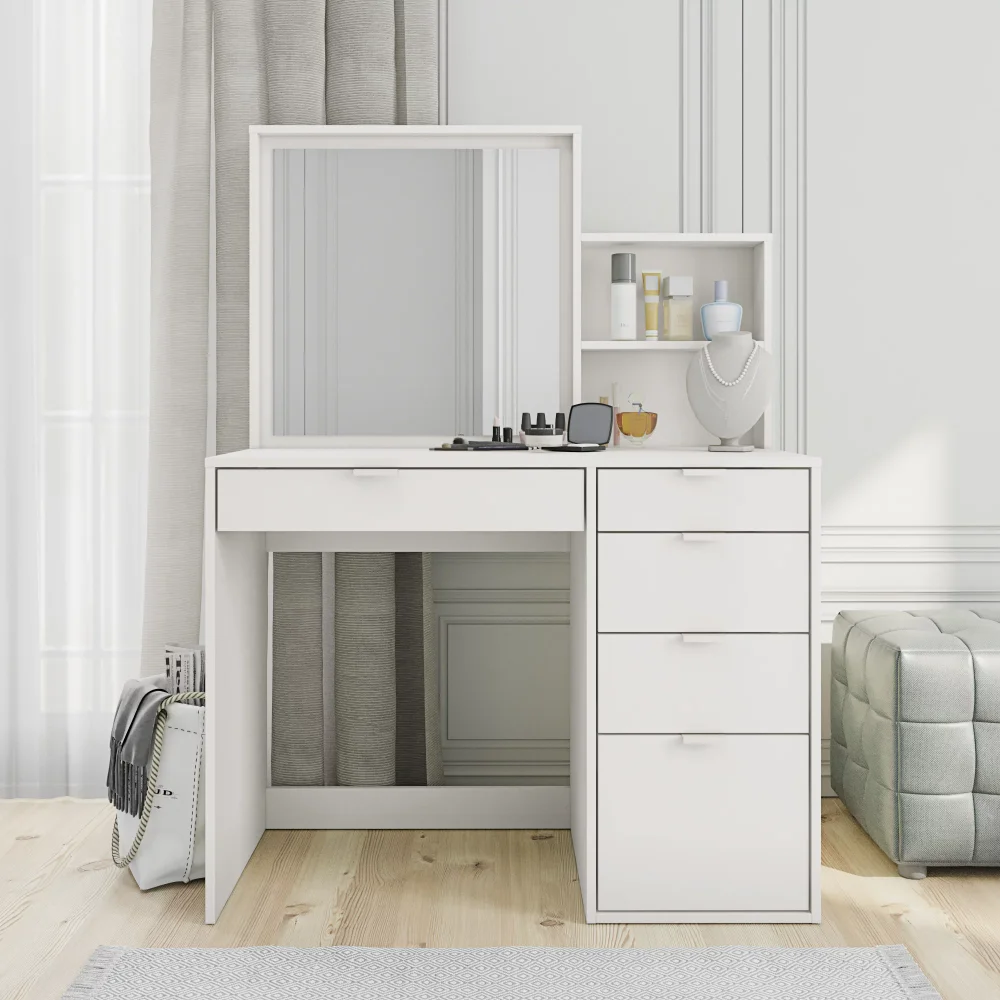 

Vanity Table - 5 Drawers & Shelves In White Finish, for Bedroom, Senior Sense of Small Storage Cabinet Integrated Makeup Table