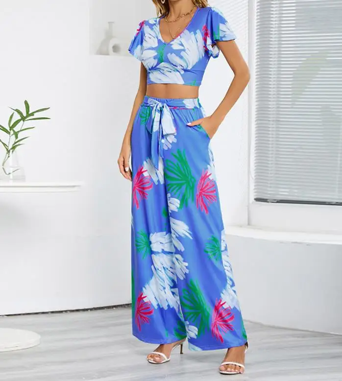 

Two Piece Set Summer Outfits for Women 2023 New Fashion Casual Flower Print Open Navel Lace Up Wide Leg Trouser Set Temperament
