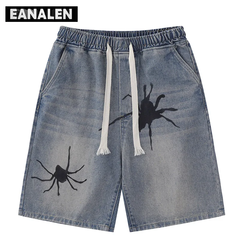 

Blue Spider Pattern Denim Shorts Men's Masculine Oversized Street Rock Punk Campus Sports Basketball Shorts Boyfriend Style Y2K