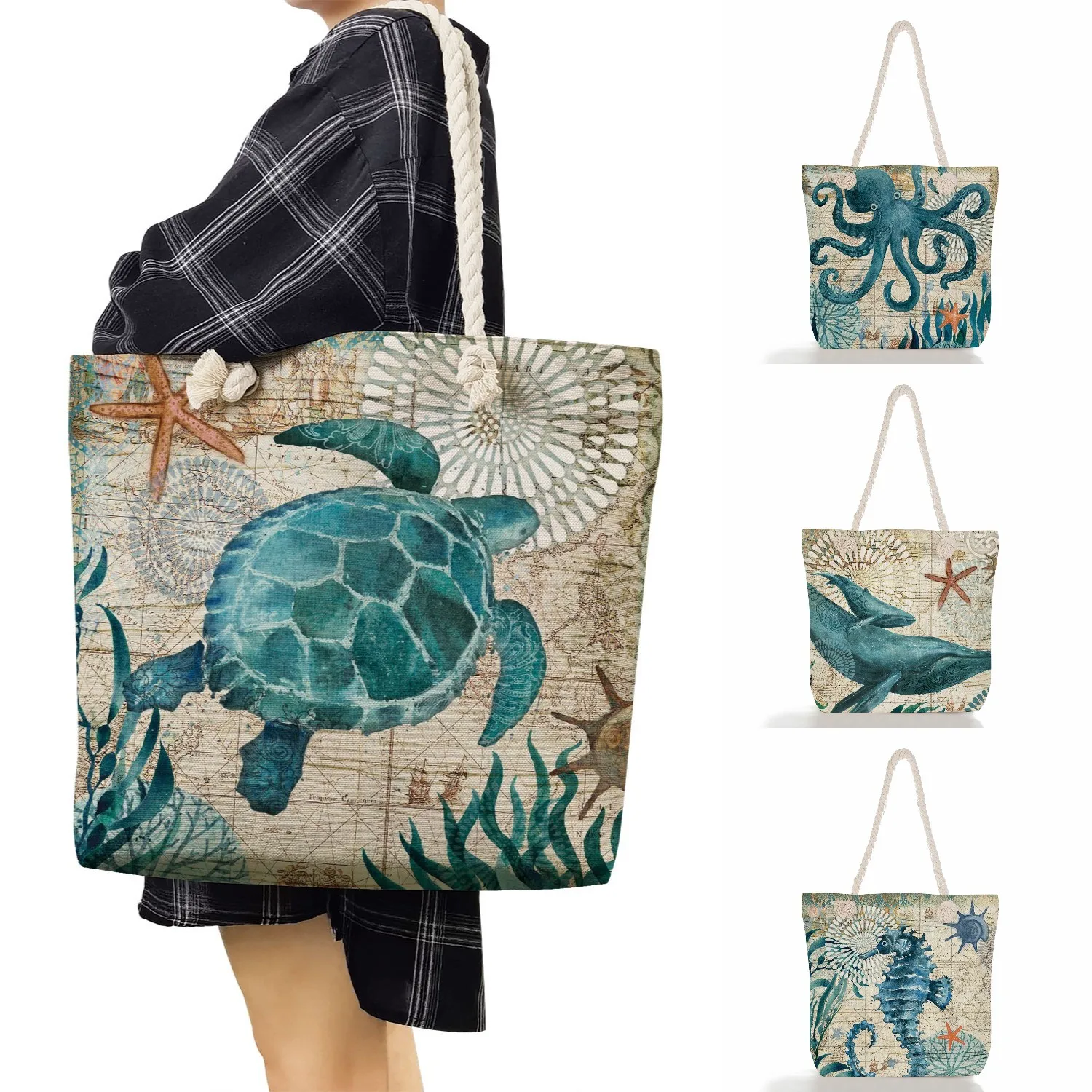 

Сумки с рисунком черепахи-осьминога, летняя женская сумка-тоут, многоразовая Вместительная женская сумка через плечо, сумки для покупок