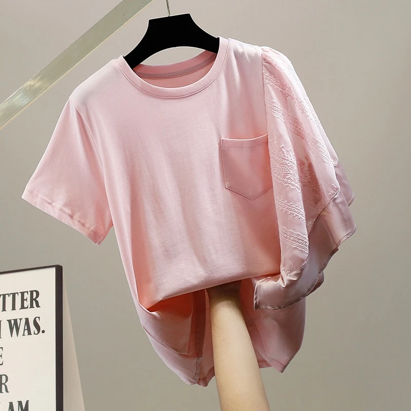 Women's Cotton T-Shirt Summer 2022 Jacquard Ruffled Patchwork Flying Sleeves Tshirt Temperament Ladies Top Pink Tee
Women's Cotton T-Shirt Summer 2022 Jacquard Ruffled Patchwork Flying Sleeves Tshirt Temperament Ladies Top Pink Tee
