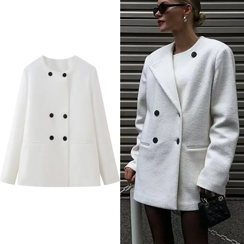 TRAF Women White Long Woolen Cloth Coat Round Neck Long Sleeves Double Breasted Coat 2024 Autumn Winter Warm Casual Overcoat
TRAF Women White Long Woolen Cloth Coat Round Neck Long Sleeves Double Breasted Coat 2024 Autumn Winter Warm Casual Overcoat