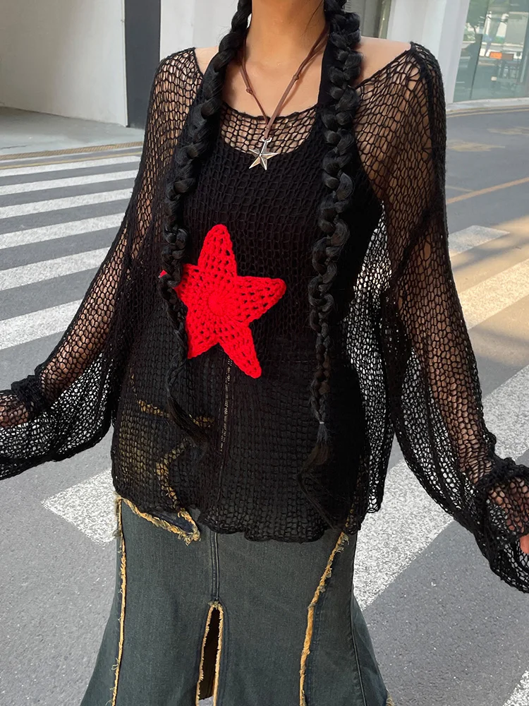 

WeiYao Hollow Out See Through Knitted Baggy Pullover Tops Women Star Patches Goth Grunge Knitwear Full Sleeve Korean T-Shirts