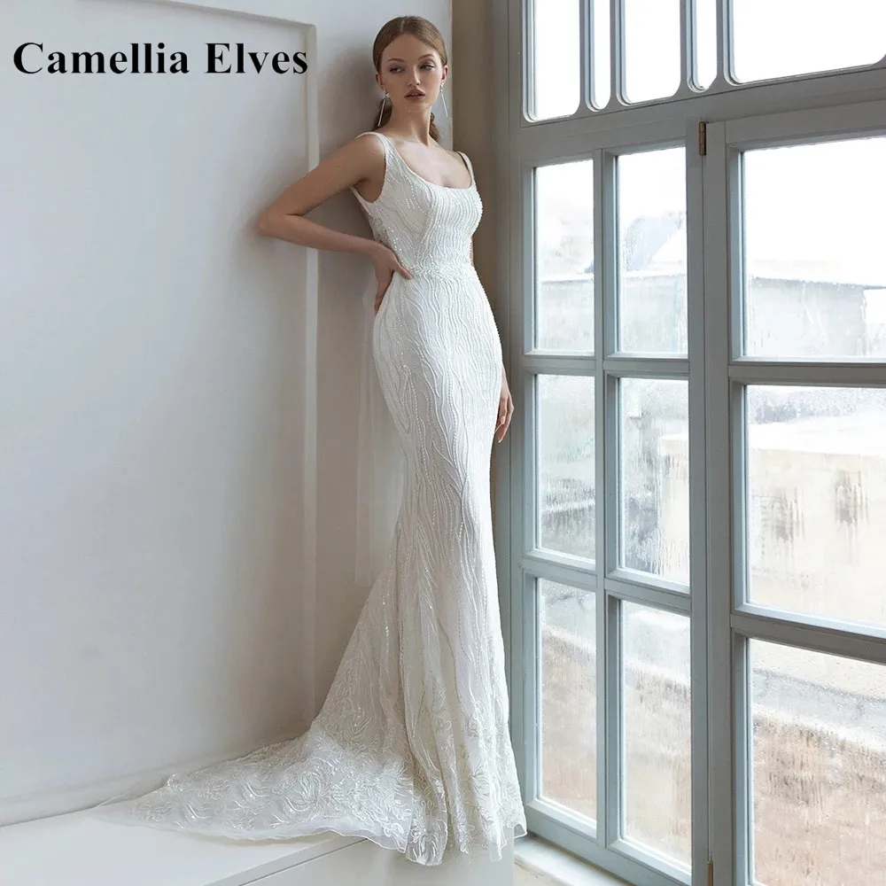

Elegant Lace Tulle Bridal Dress 2022 Scoop Neck Sleeveless Mermaid Wedding Dresses with Sequin Bridal Gown Vestido de Novia