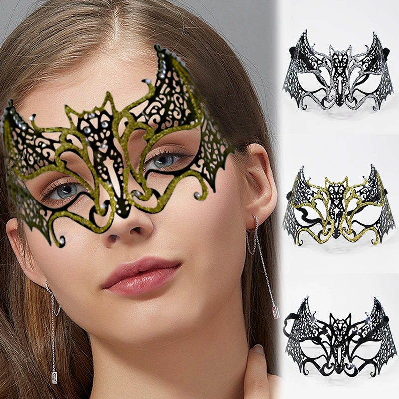 

Halloween Bat Eye Masks, Glitter Rhinestone Half Face Mask, Cosplay Props For Masquerade Party, Sexy Black Hollowed Metal Masks