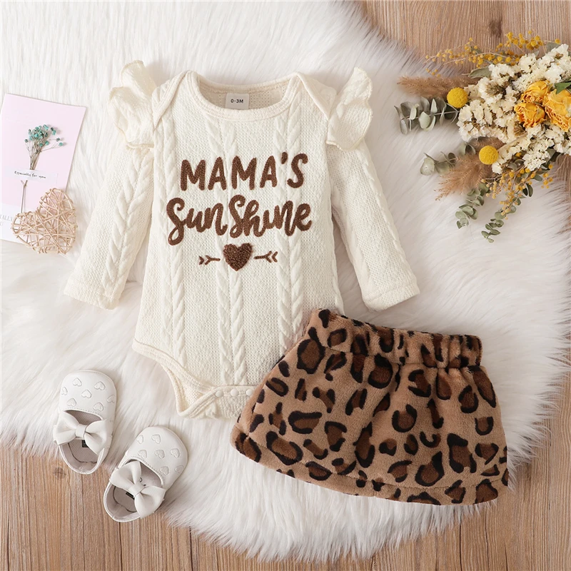 Winter Baby Girl Clothes Set Letter Print Fly Sleeve Knitting Romper Leopard Print Mini Skirt Outfits Infant Clothing 0-18M
Winter Baby Girl Clothes Set Letter Print Fly Sleeve Knitting Romper Leopard Print Mini Skirt Outfits Infant Clothing 0-18M