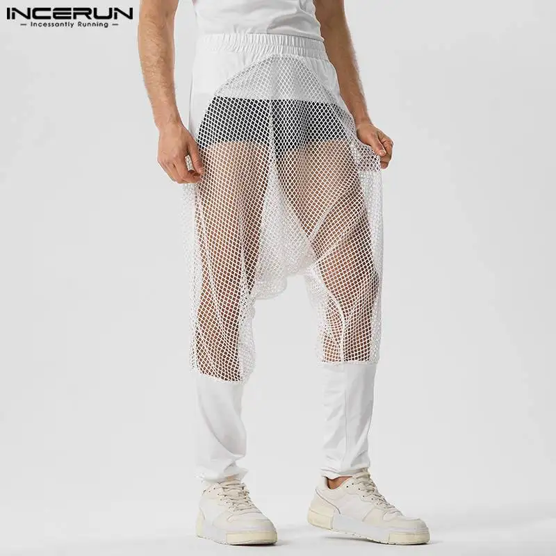 

INCERUN 2023 American Style New Men's Pantalons Sexy Patchwork See-tthrough Mesh Trousers Casual Perspective Elastic Long Pants