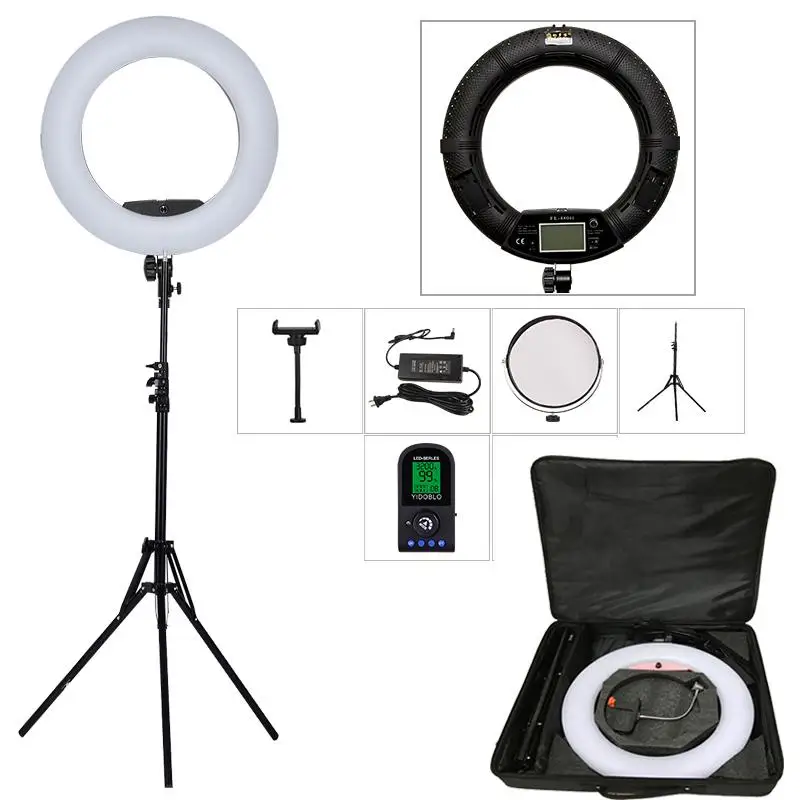 96W Bi-color 45cm Ring Lights Lamp Photo Studio Ring Light Kit Yidoblo FE-480II RC LCD Photographic Lighting 3200K-5500K Black
96W Bi-color 45cm Ring Lights Lamp Photo Studio Ring Light Kit Yidoblo FE-480II RC LCD Photographic Lighting 3200K-5500K Black