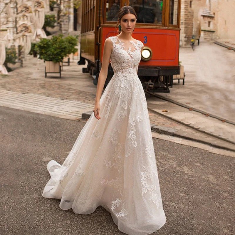 

Elegant Sleeveless Wedding Dress 2022 Boho O-Neck Lace Appliques Bridal Gown Illusion Tulle Custom Made To Measures Floor Length