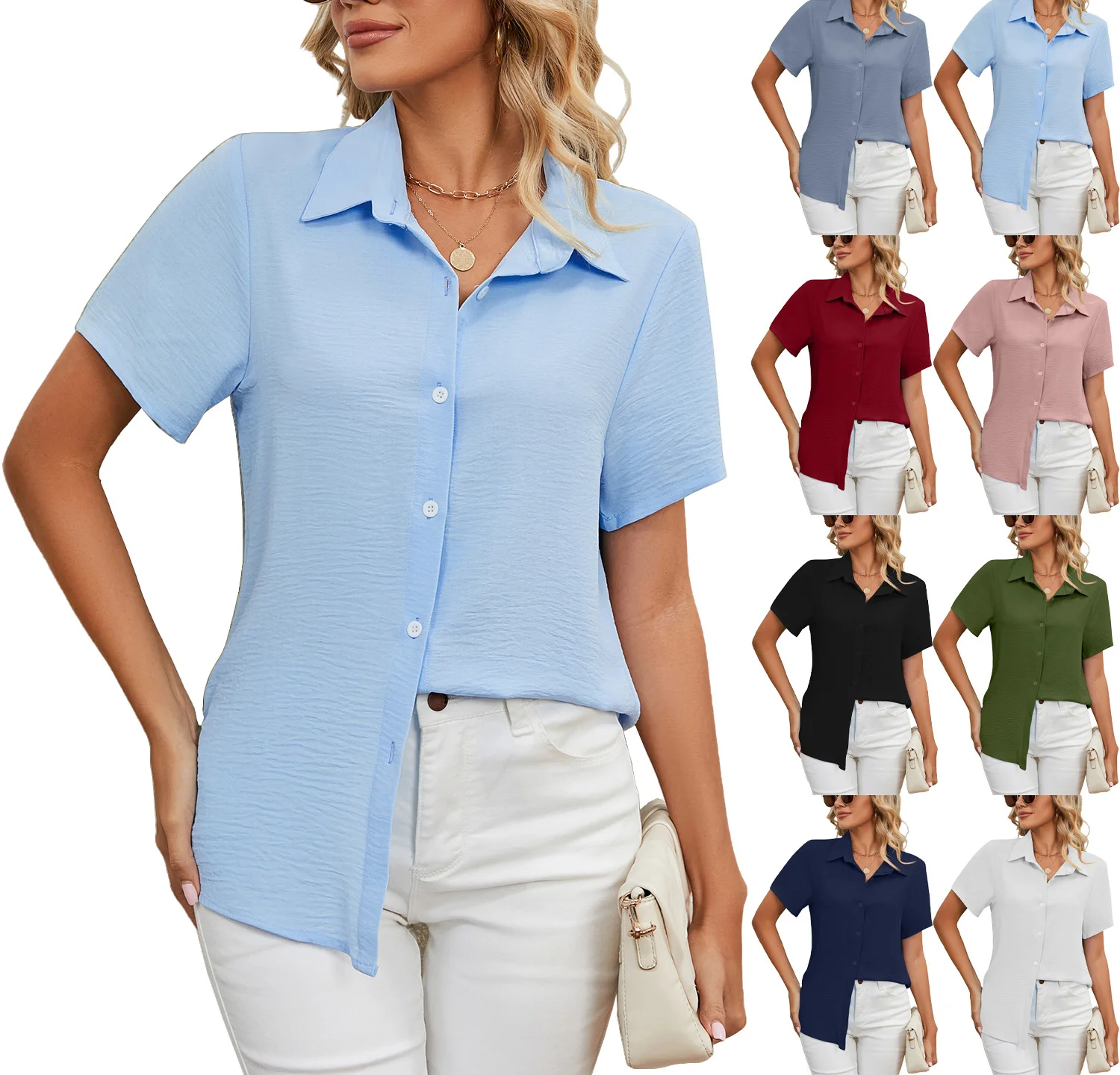 

Women's Casual Loose Fitting Short Sleeve Button Up V-neck Solid Color Shirt Top for Women