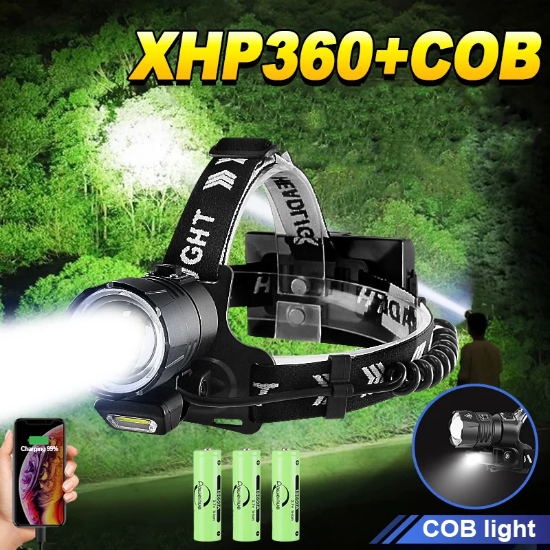 Супер мощный светодиодный налобный фонарь XHP360 USB Перезаряжаемый XHP199 18650