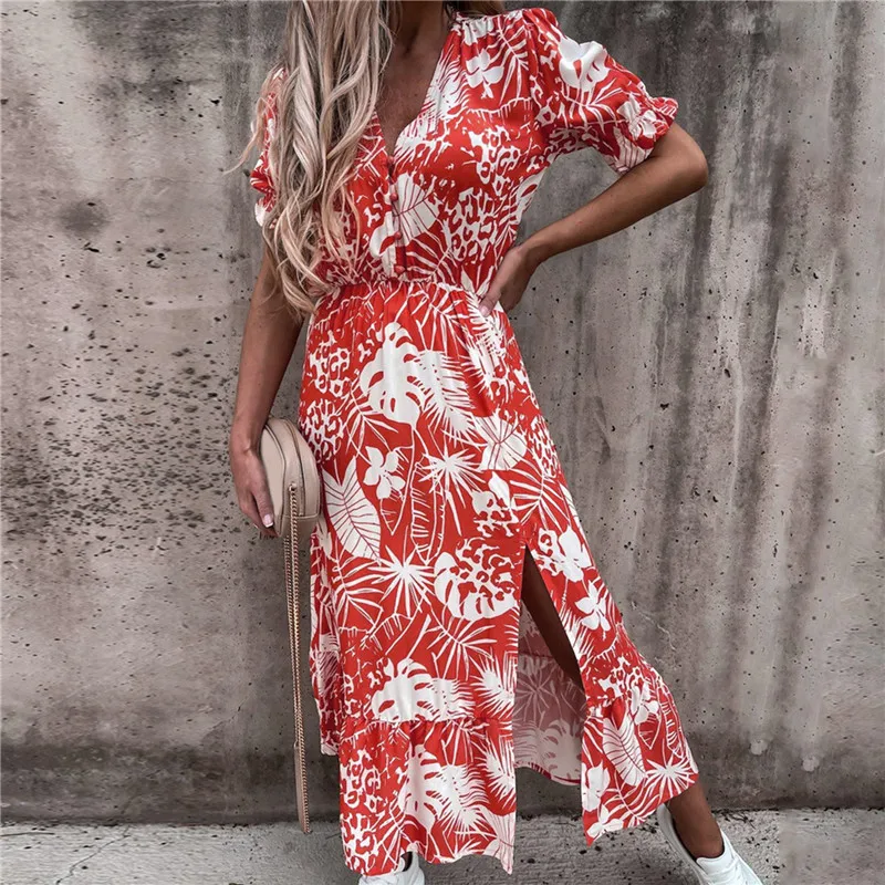 Summer Floral Print Dress Women Sexy V Neck Side Slit Elegant Long Dress Female Casual Short Sleeve Button Party Dress
Summer Floral Print Dress Women Sexy V Neck Side Slit Elegant Long Dress Female Casual Short Sleeve Button Party Dress