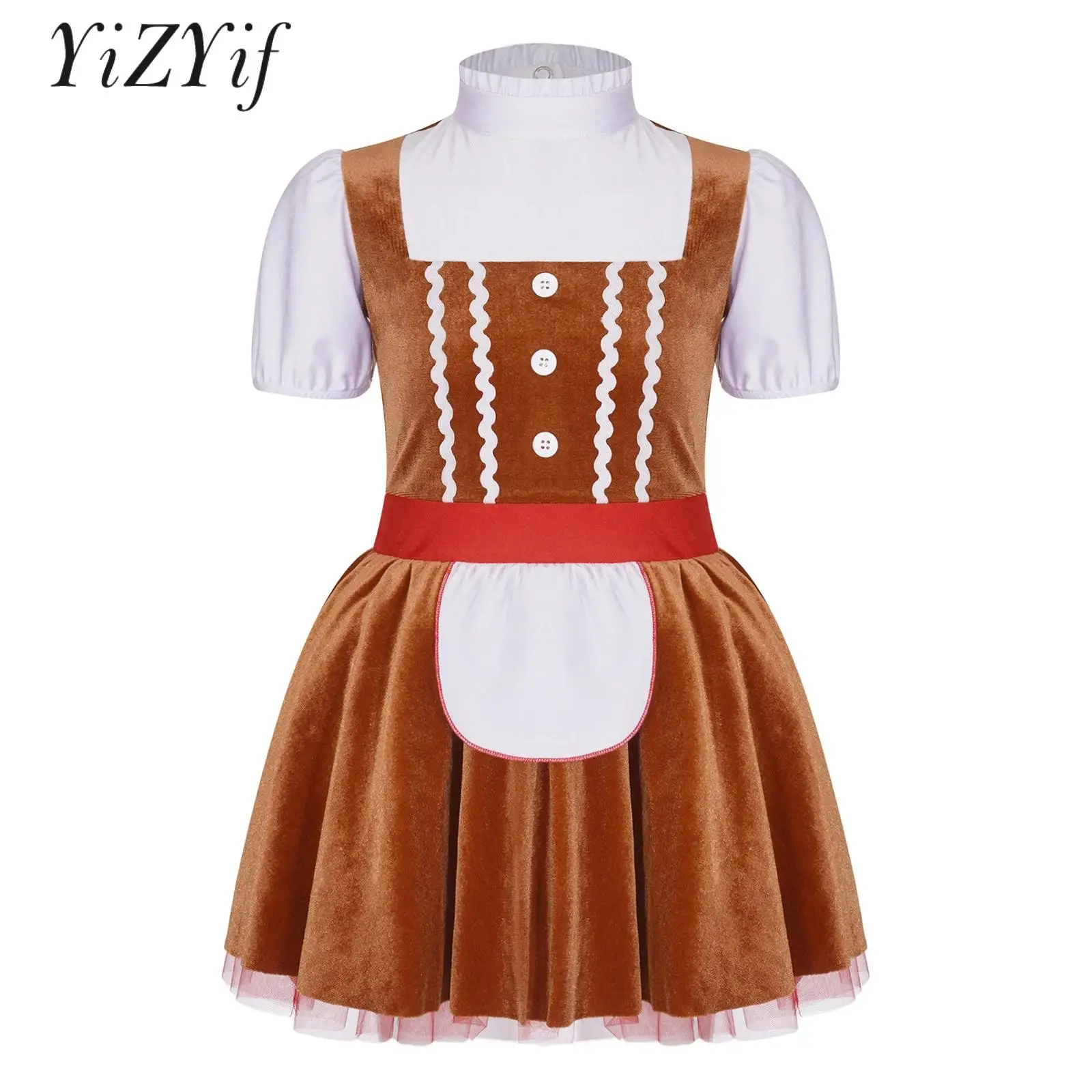 

Kids Girls Christmas Gingerbread Man Costume Short Sleeve Velvet Tutu Dress Halloween Xmas Party Dress Up Oktoberfest Outfits