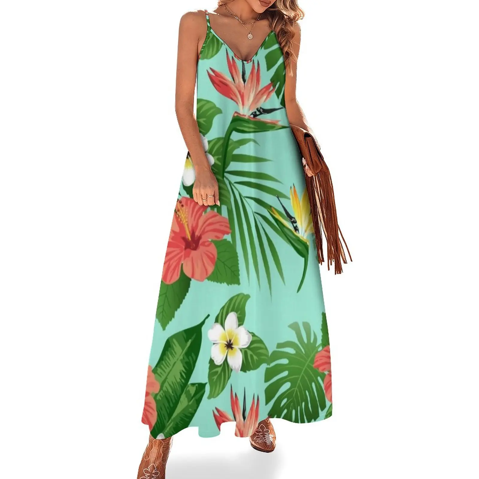 

Gorgeous Tropical Floral Dress Hawaii Flower Elegant Maxi Dress V Neck Bohemia Long Dresses Strap Streetwear Oversized Clothing