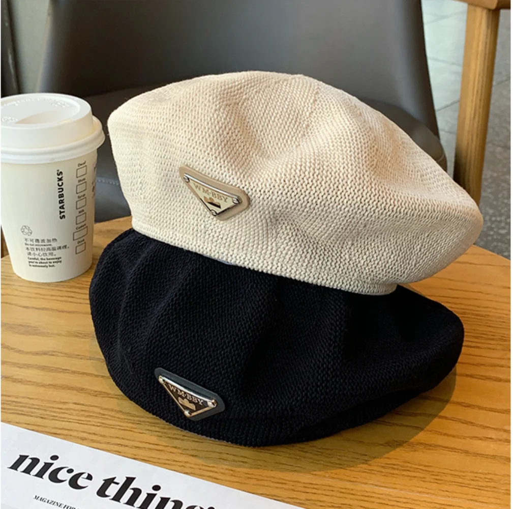 

Luxury Brand Spring and Summer Mesh Beret for Women Refreshing Breathable Retro Inverted Triangle Straw Braided Painter Hat Tide