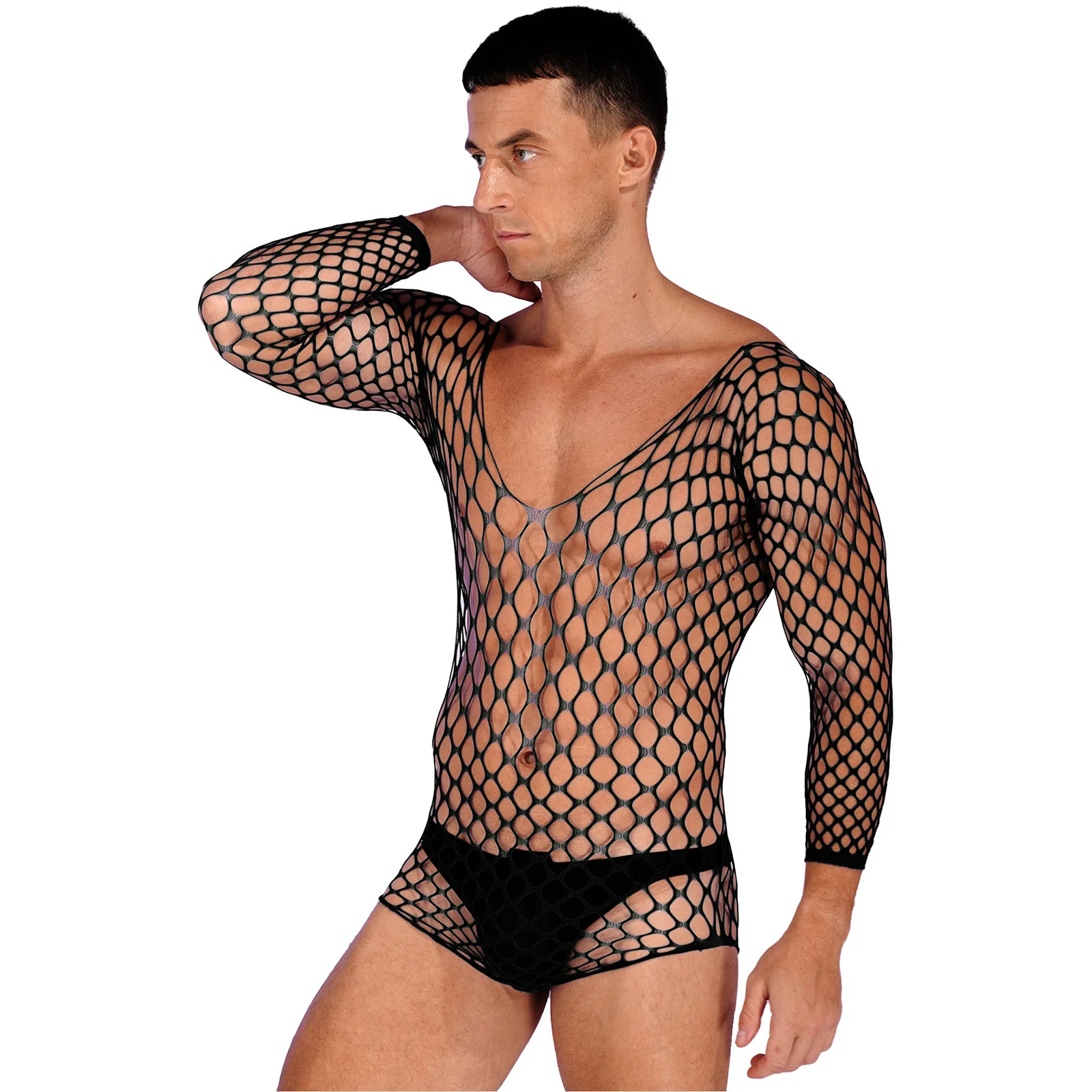 

Mens Sheer Fishnet Bodysuit Hollow Out Nightwear See-Through Mesh Swimsuit Scoop Neck Long Sleeve High Cut Leotard Jumpsuit