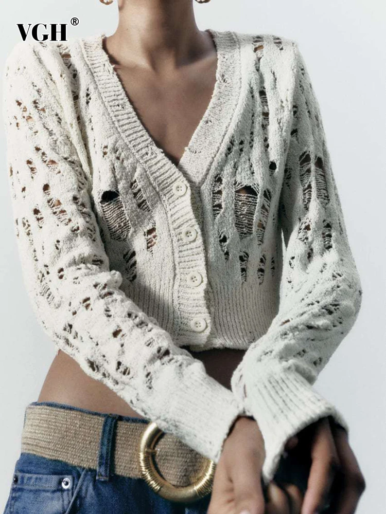 VGH Hole Hollow Out Solid Sweaters For Women V Neck Long Sleeve Patchwork Single Breasted Short Casual Cardigan Female Fashion
VGH Hole Hollow Out Solid Sweaters For Women V Neck Long Sleeve Patchwork Single Breasted Short Casual Cardigan Female Fashion