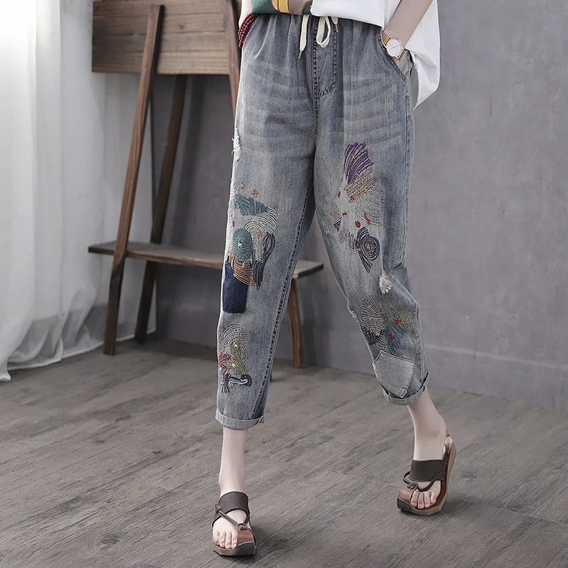 

Lyfzous Literary Style Embroidery Jeans Women Vintage Loose Elastic Waist Denim Harem Pants Drawstring Cropped Trousers