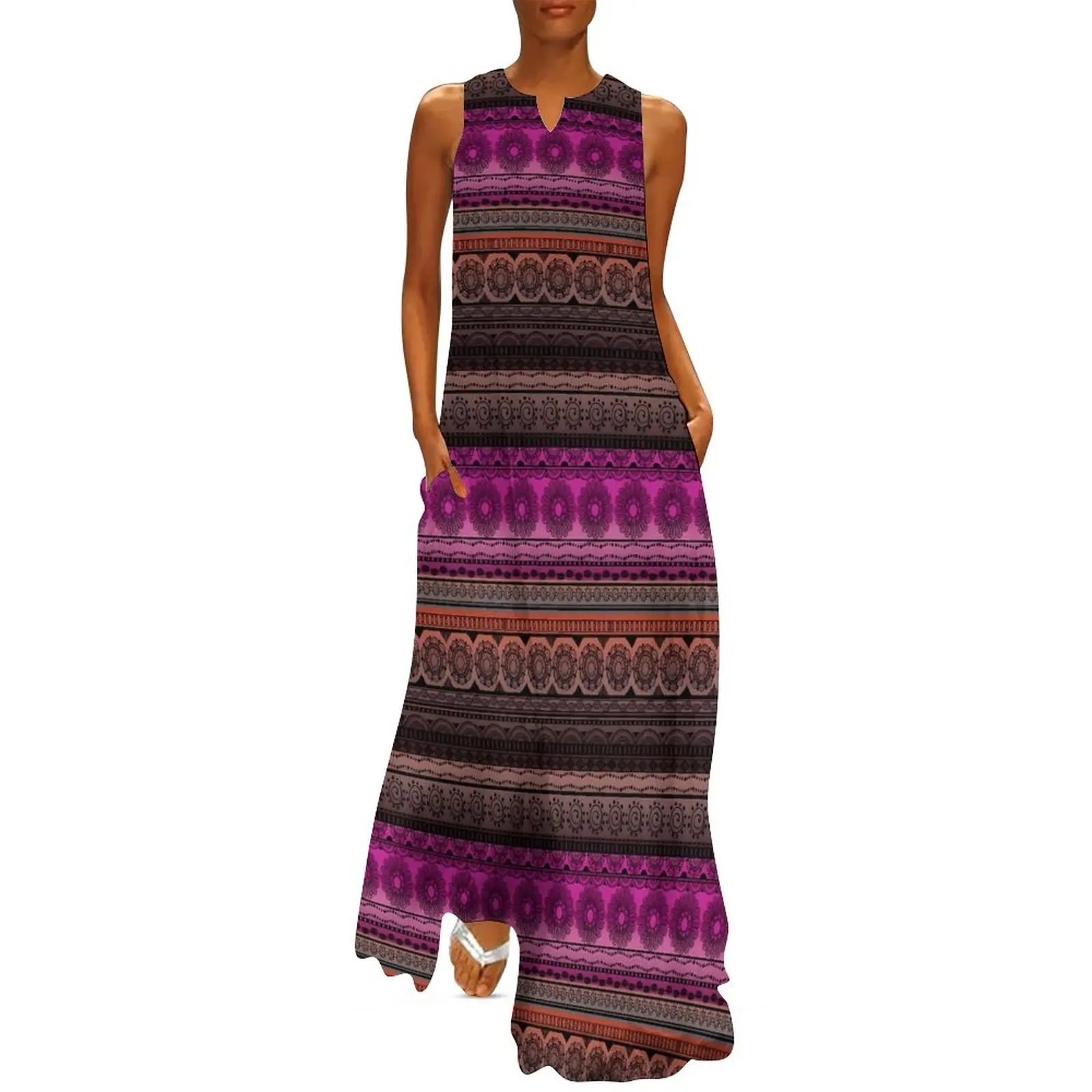 

Cute Tribal Print Dress Pink Brown Cute Maxi Dress Korean Fashion Boho Beach Long Dresses Women V Neck Design Oversize Vestidos