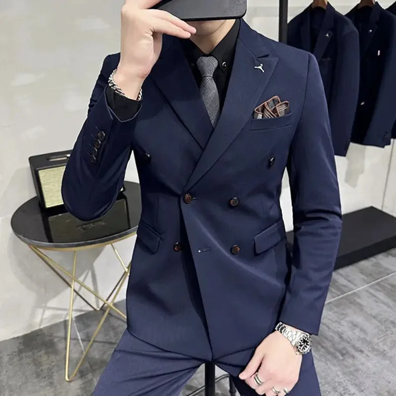 

Мужской двубортный Блейзер, приталенный деловой костюм с лацканами для жениха, весна-лето 2023