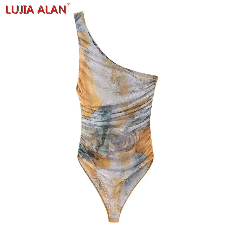 

Summer New Women Retro Printed Mesh Fabric One Shoulder Bodysuits Casual Female Sleeveless Pleated Slim Tops LUJIA ALAN T1852