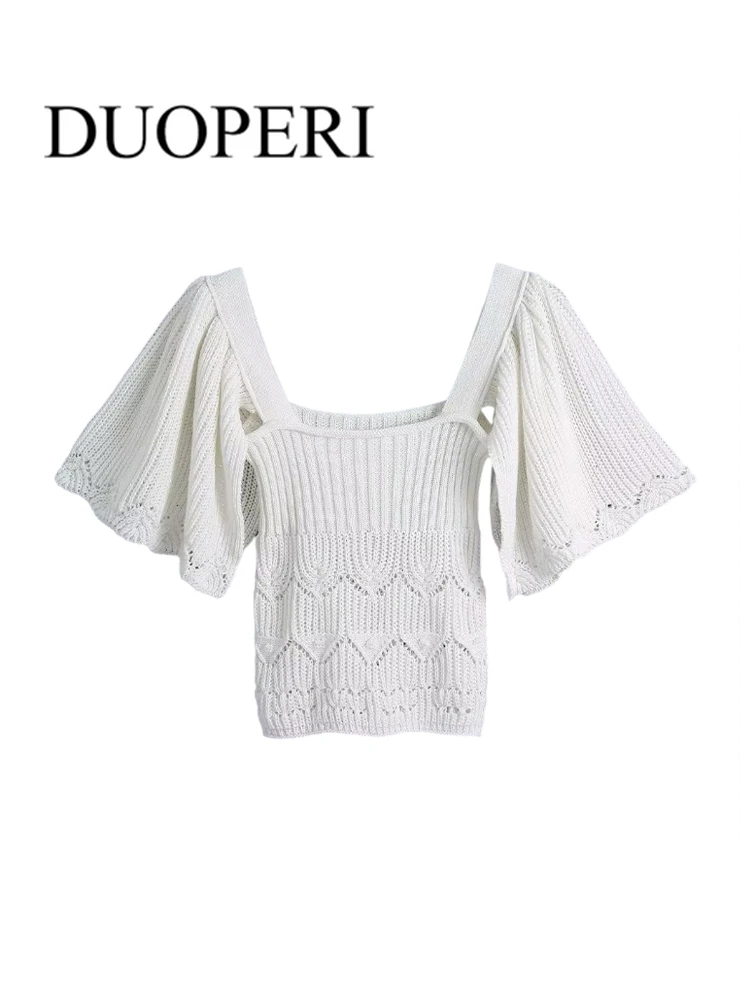 DUOPERI Women Fashion Solid Knitted Sweater Vintage Ruffled Short Sleeve Female Pullover Chic Tops Outfits
DUOPERI Women Fashion Solid Knitted Sweater Vintage Ruffled Short Sleeve Female Pullover Chic Tops Outfits