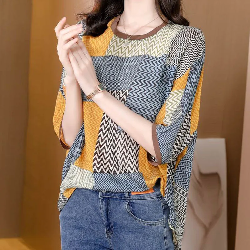 

Fashion O-Neck Spliced Printed Irregular Blouse Women's Clothing 2023 Spring New Oversized Casual Pullovers Loose Commute Shirt
