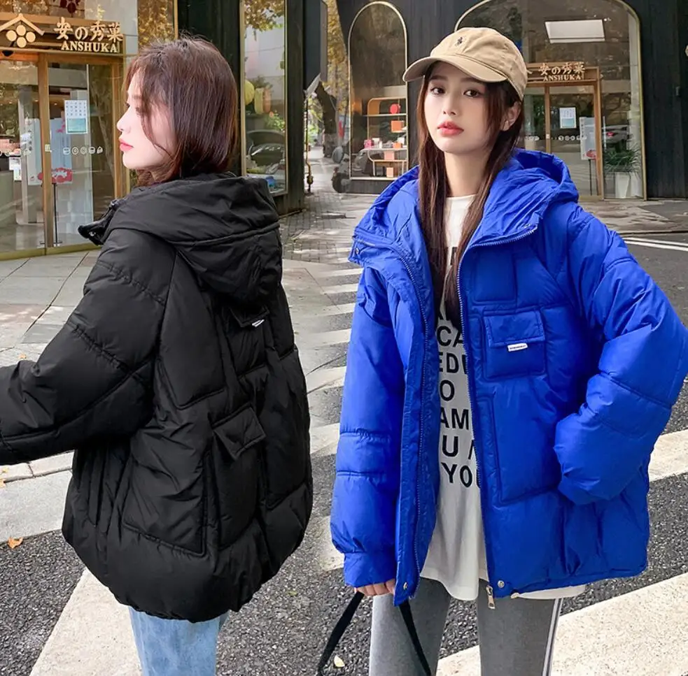 

Winter Cotton Jacket Women Fashion Korean Casual Pocket Zipper Thickened Bread Down Jackets Coat Hooded Warm Puffer Parker