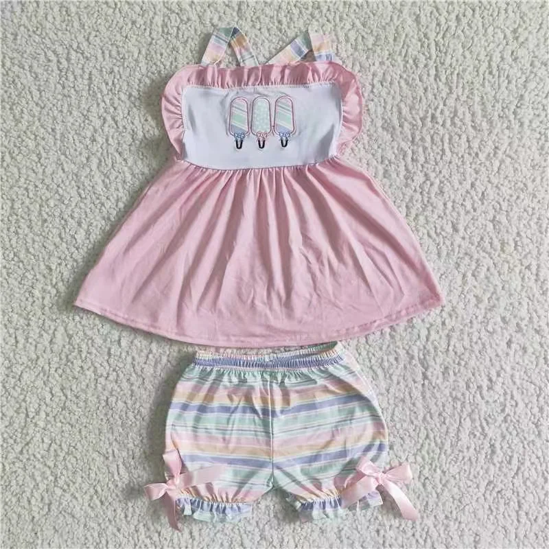 

Комплект летней одежды для маленьких девочек, розовая туника с вышивкой, топ, шорты в полоску с бантом, бутиковая детская одежда