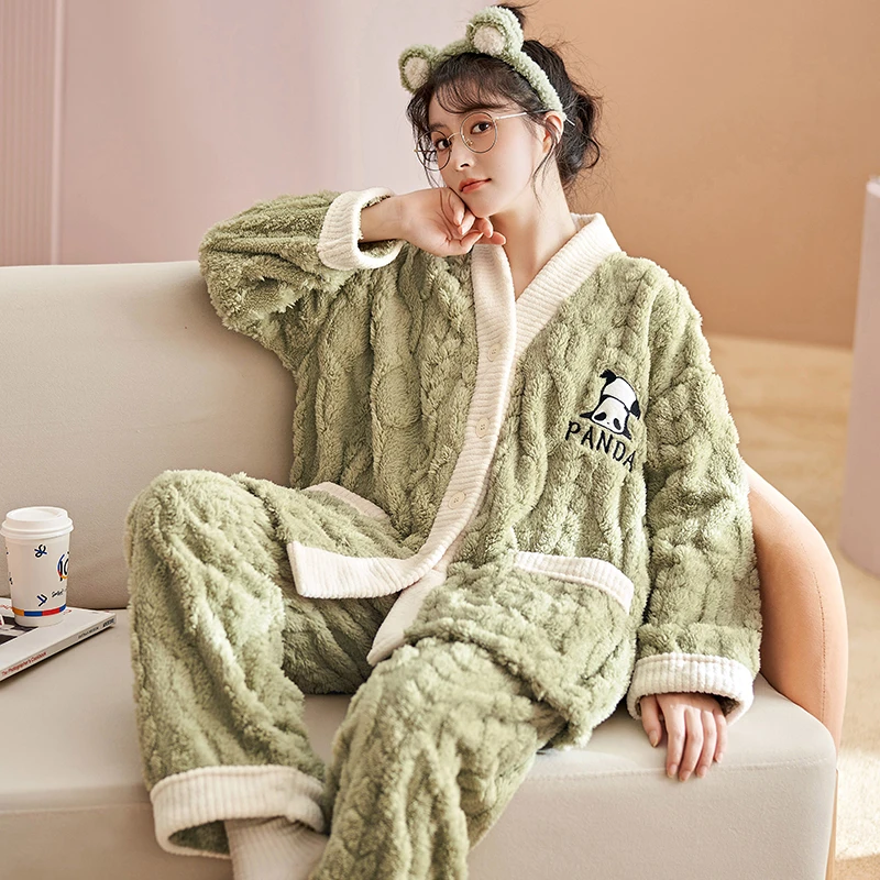 Winter Warm Flannel Pajamas Set For Women Thick Coral Velvet Cardigan Sleepwear Casual Loose Homewear Female Cute Panda Pyjamas
Winter Warm Flannel Pajamas Set For Women Thick Coral Velvet Cardigan Sleepwear Casual Loose Homewear Female Cute Panda Pyjamas