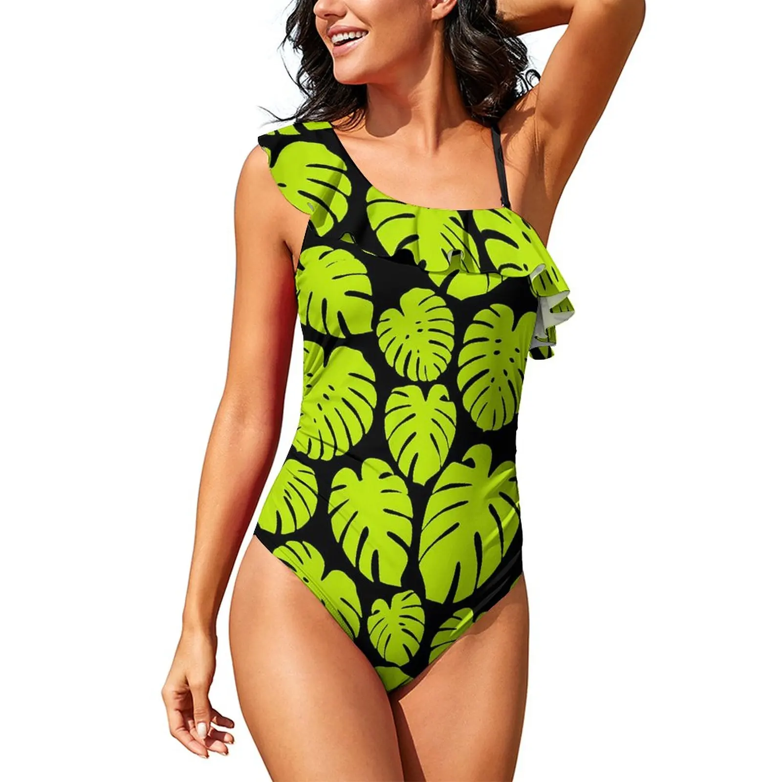 

Monstera Leaf Ruffled Swimsuit Lime Print Swimwear One Piece Swimsuits Surf Push Up Bathing Suit Custom Beach Outfits Plus Size