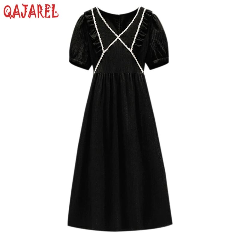 

2022 Black Korean Vintage Hepburn Midi Dress Women Fashion Flounced Edge Dress Summer Short Sleeve Elegant Bodycon Casaul Dress