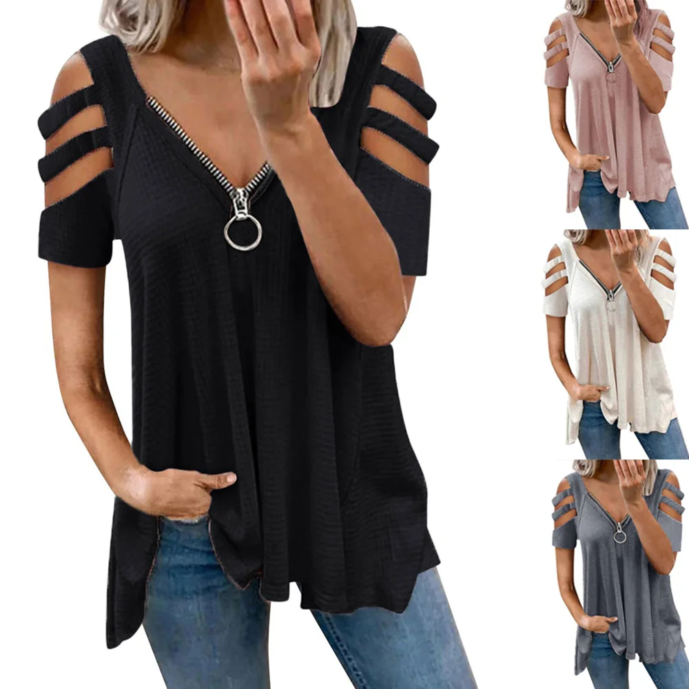 2022 Fashion Womens T-Shirt Ladies Short Sleeve Shirt Hollow V-Neck Blouse Zip Loose Casual Summer Hot Female Tee Shirt Top
2022 Fashion Womens T-Shirt Ladies Short Sleeve Shirt Hollow V-Neck Blouse Zip Loose Casual Summer Hot Female Tee Shirt Top