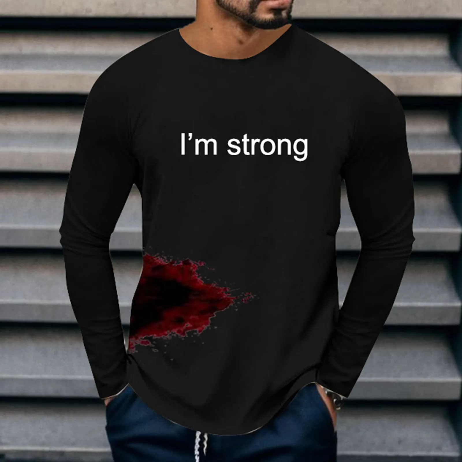 

I'm Strong Men Halloween Blood Red T Shirt Oversize Letter Print Tee Shirt O-Neck Long-Sleeve Shirts Top Gothic Streetwear Tunic