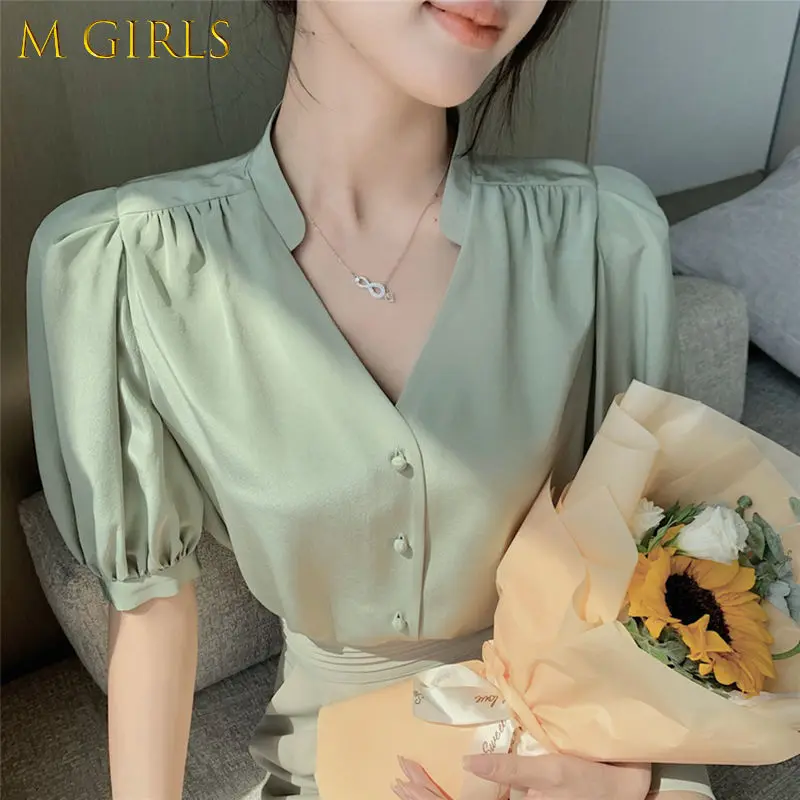 M GIRLS Shirts Women Elegant Solid Half Puff Sleeve Summer Fashion Office Lady Korean Style Temperament Vintage All-match Simple
M GIRLS Shirts Women Elegant Solid Half Puff Sleeve Summer Fashion Office Lady Korean Style Temperament Vintage All-match Simple