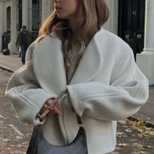Casual Warm Wool Cropped Coat Women Fashion V-neck Long Sleeve Coats Winter Female High Street Woolen Short Cardigan Jacket 2023